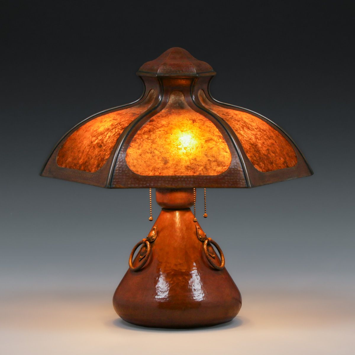Stickley Brothers Hammered Copper & Mica Six Panel Lamp c1910