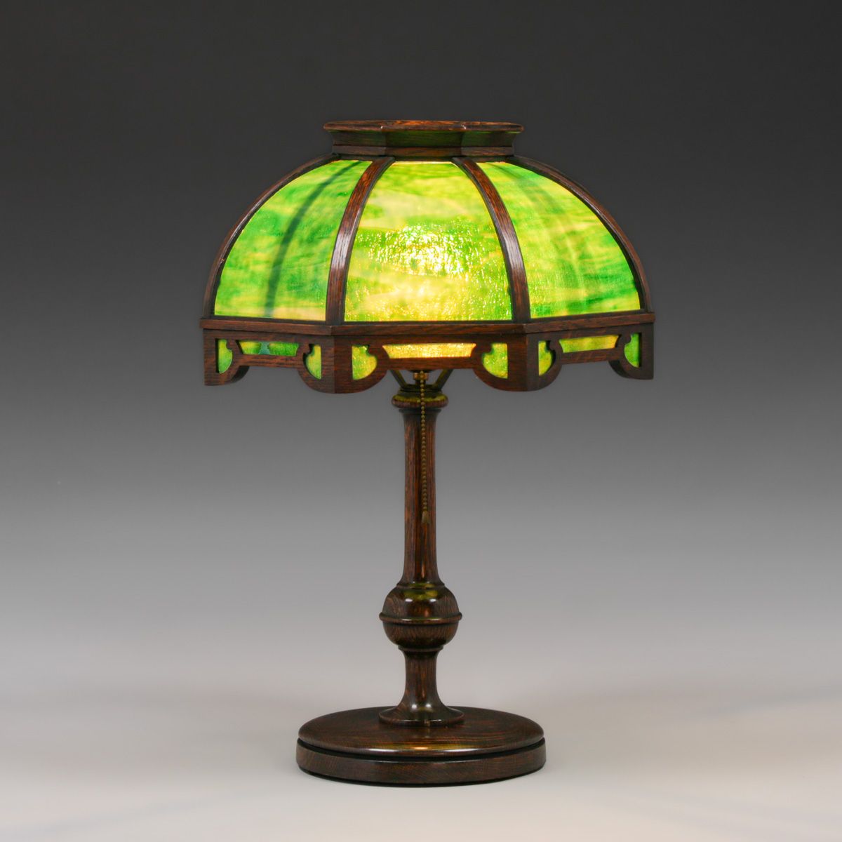 Arts & Crafts Period Oak & Curved Slag Glass Lamp c1910