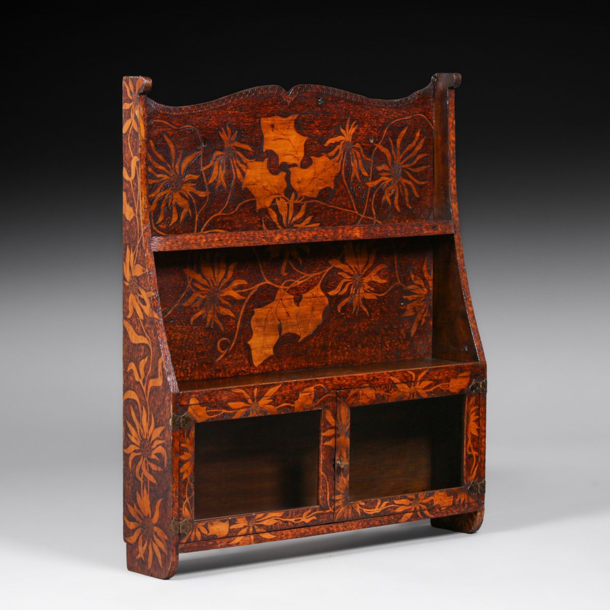 Arts & Crafts Period Hand-Carved Pyrography Hanging Two-Door Wall Shelf c1905