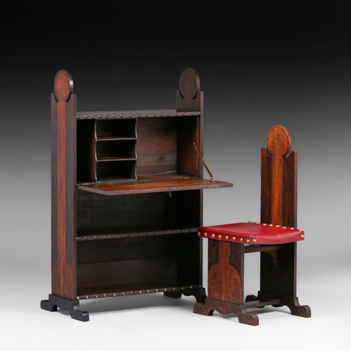 Arts & Crafts Period Hand-Carved Pyrography Fallfront Desk & Chair c1905