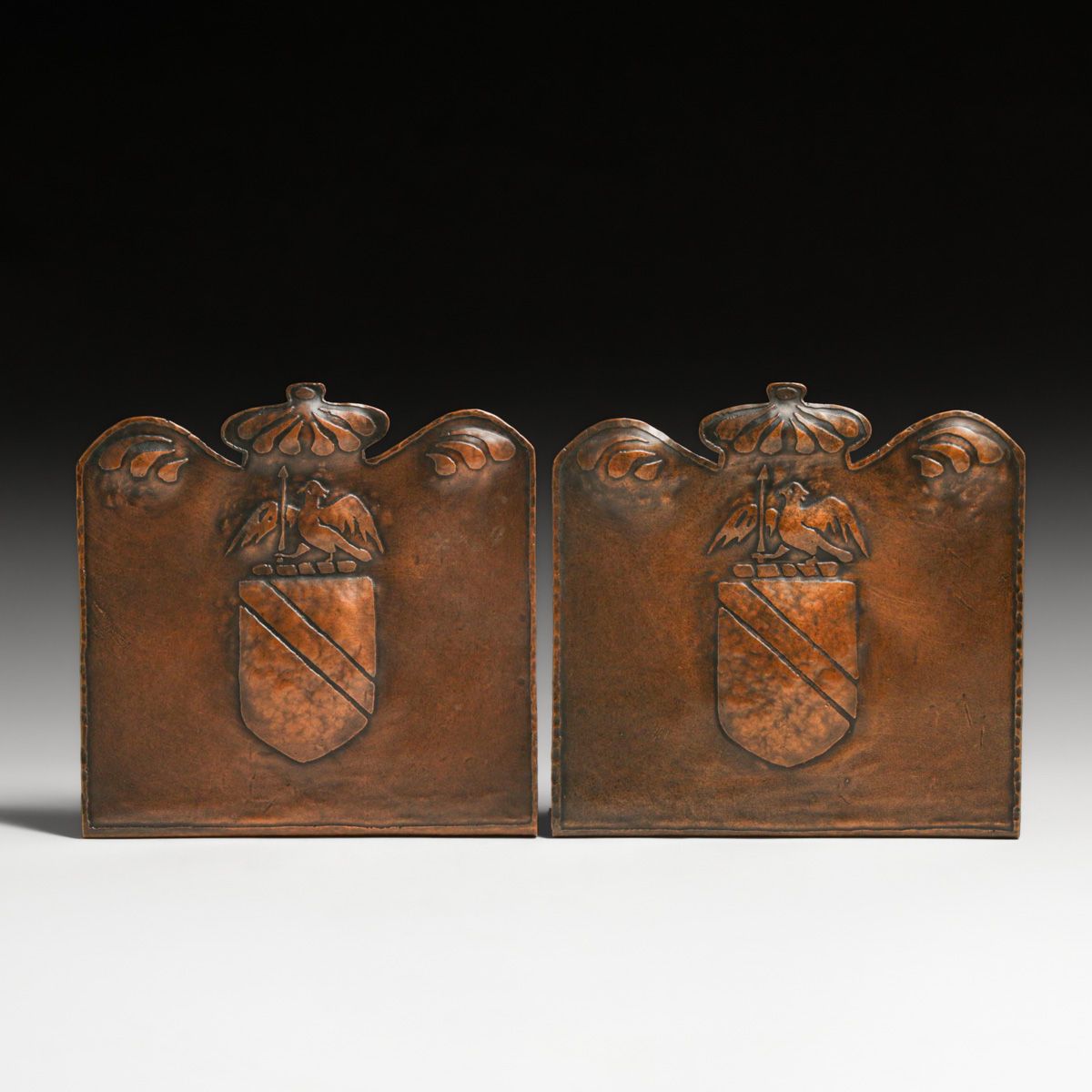 Arts & Crafts Hammered Copper Acid-Etched Bookends c1910s
