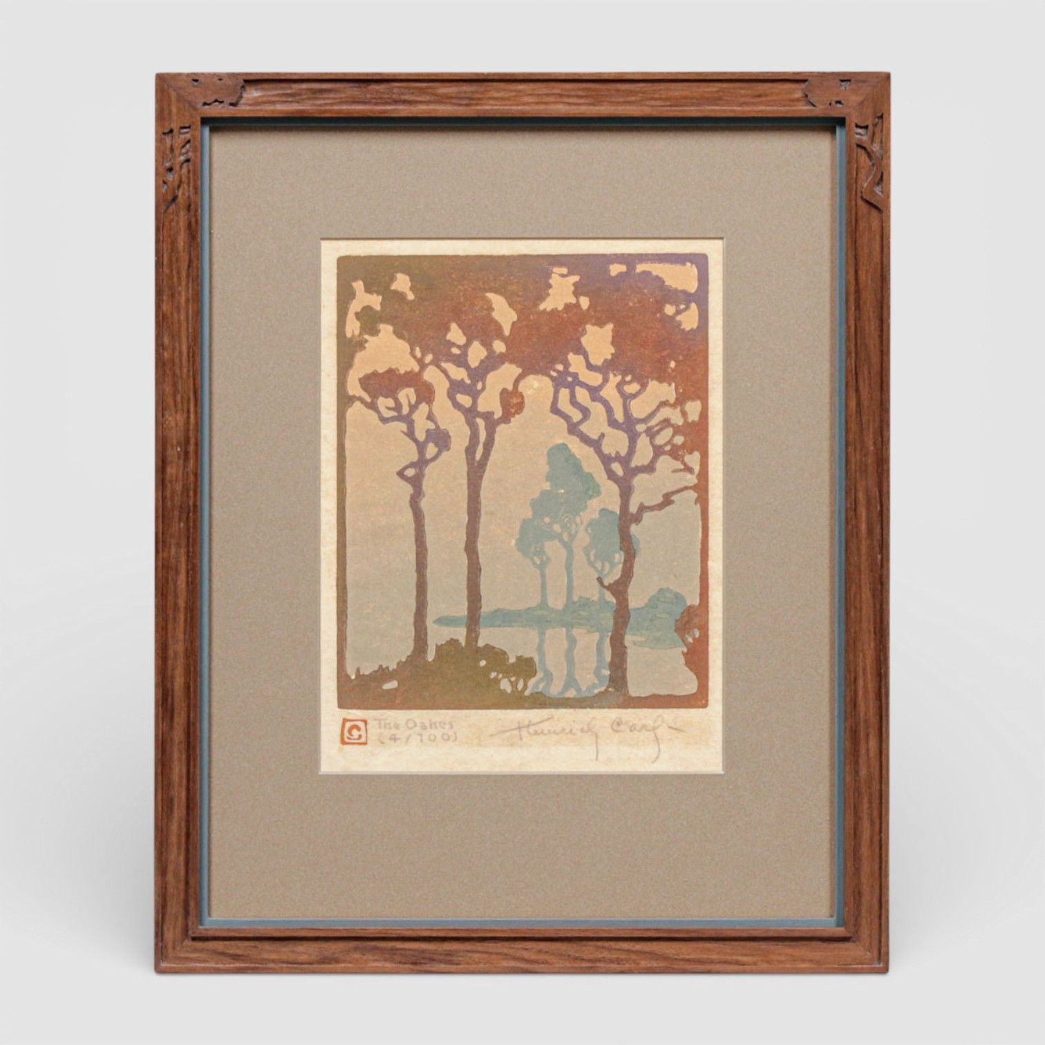 Heinrich Carl Color Woodcut "The Oakes" 1920