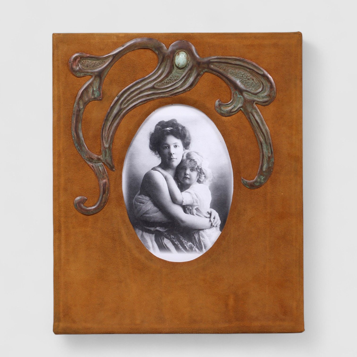 Elizabeth Eaton Burton Leather & Hammered Copper Eucalyptus Picture Frame c1910