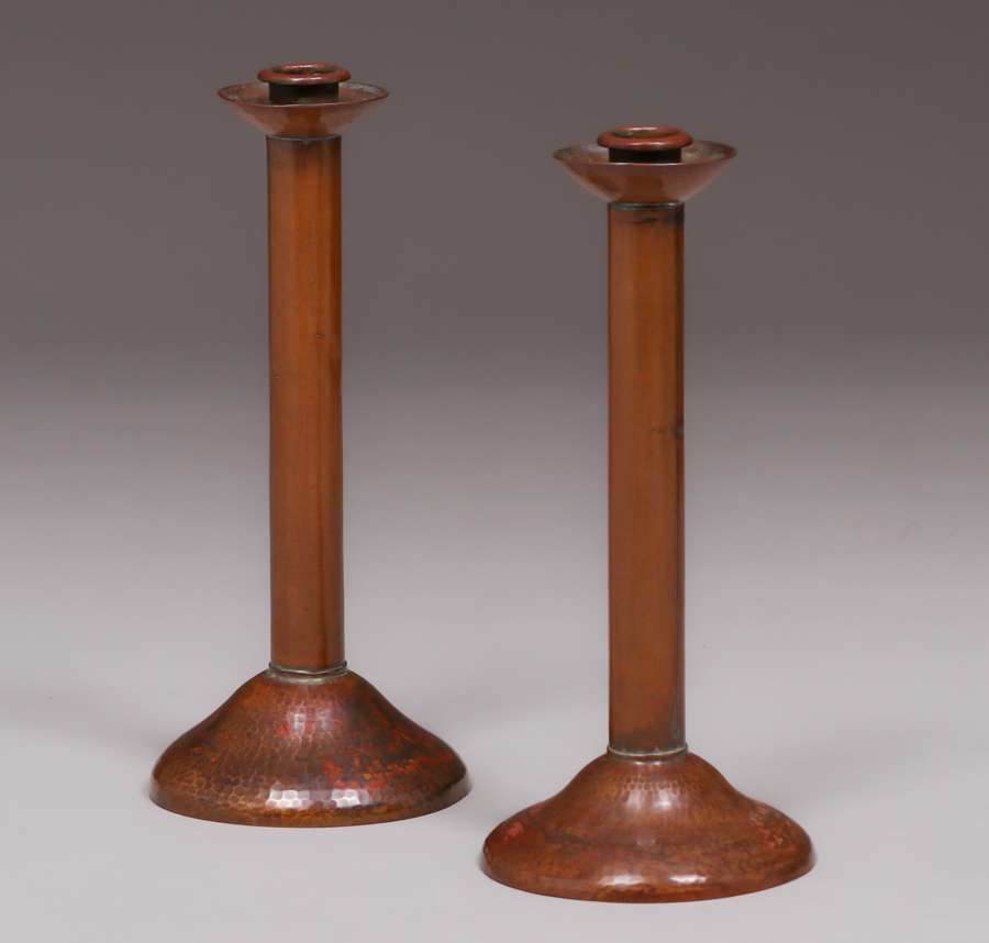 Pair Dirk Van Erp Hammered Copper Candlesticks C1910 California