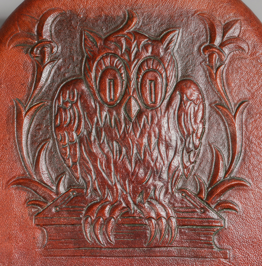 Arts Crafts Hand Tooled Leather Owl Bookends C1910 California