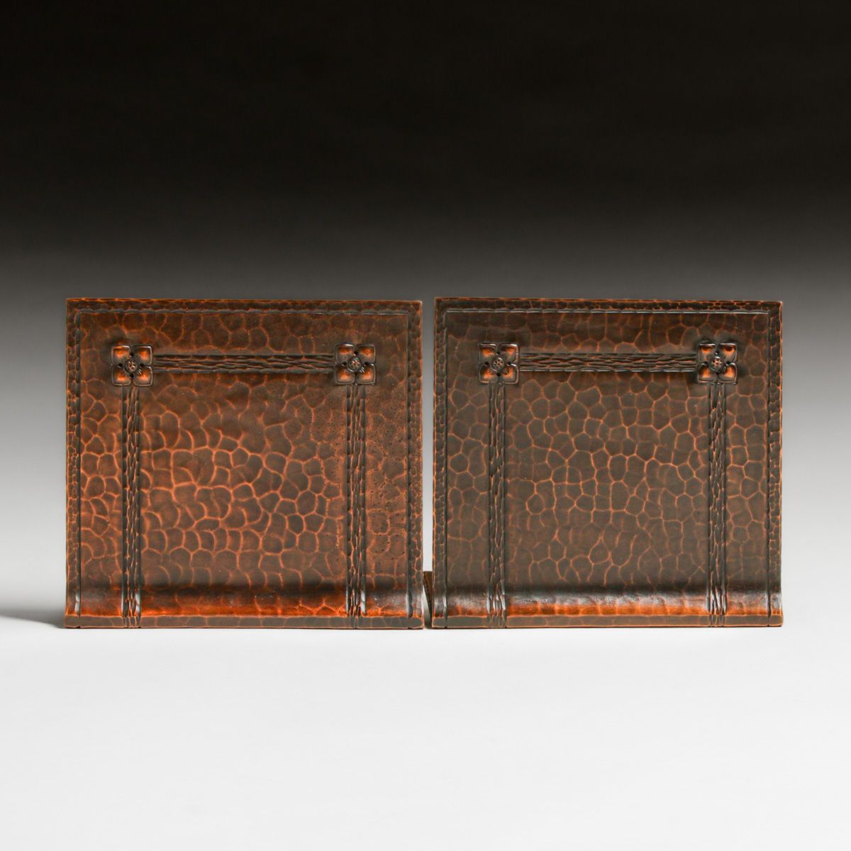 Roycroft Hammered Copper Square Flower Bookends c1915