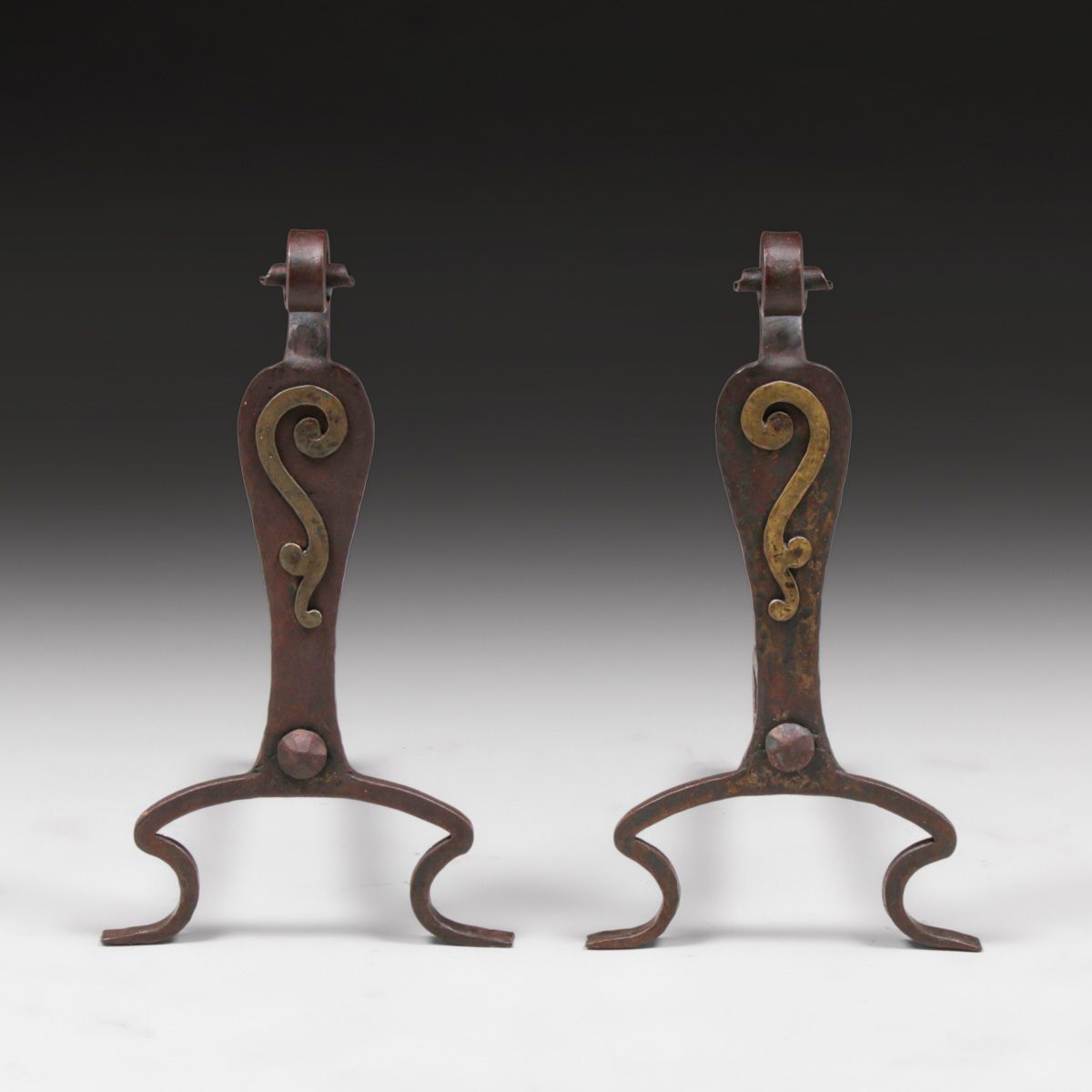 Arts & Crafts Period Hand-Forged Iron & Brass Andirons c1910