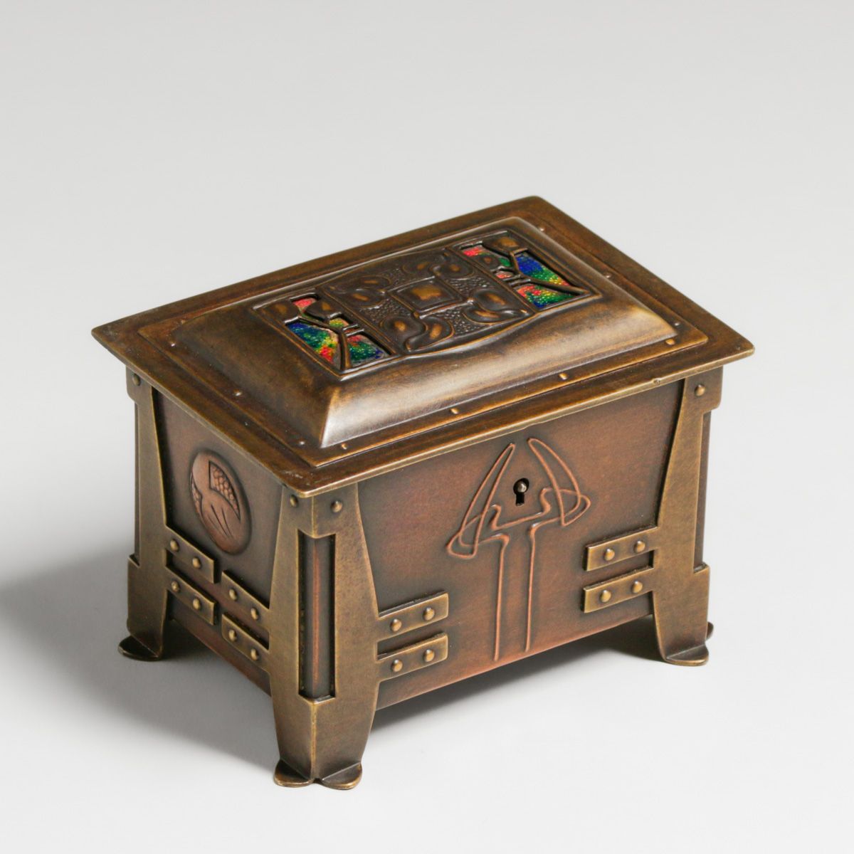 Phoebe Anna Traquair (1852-1936) Glasgow Copper, Brass & Enamel Box c1905