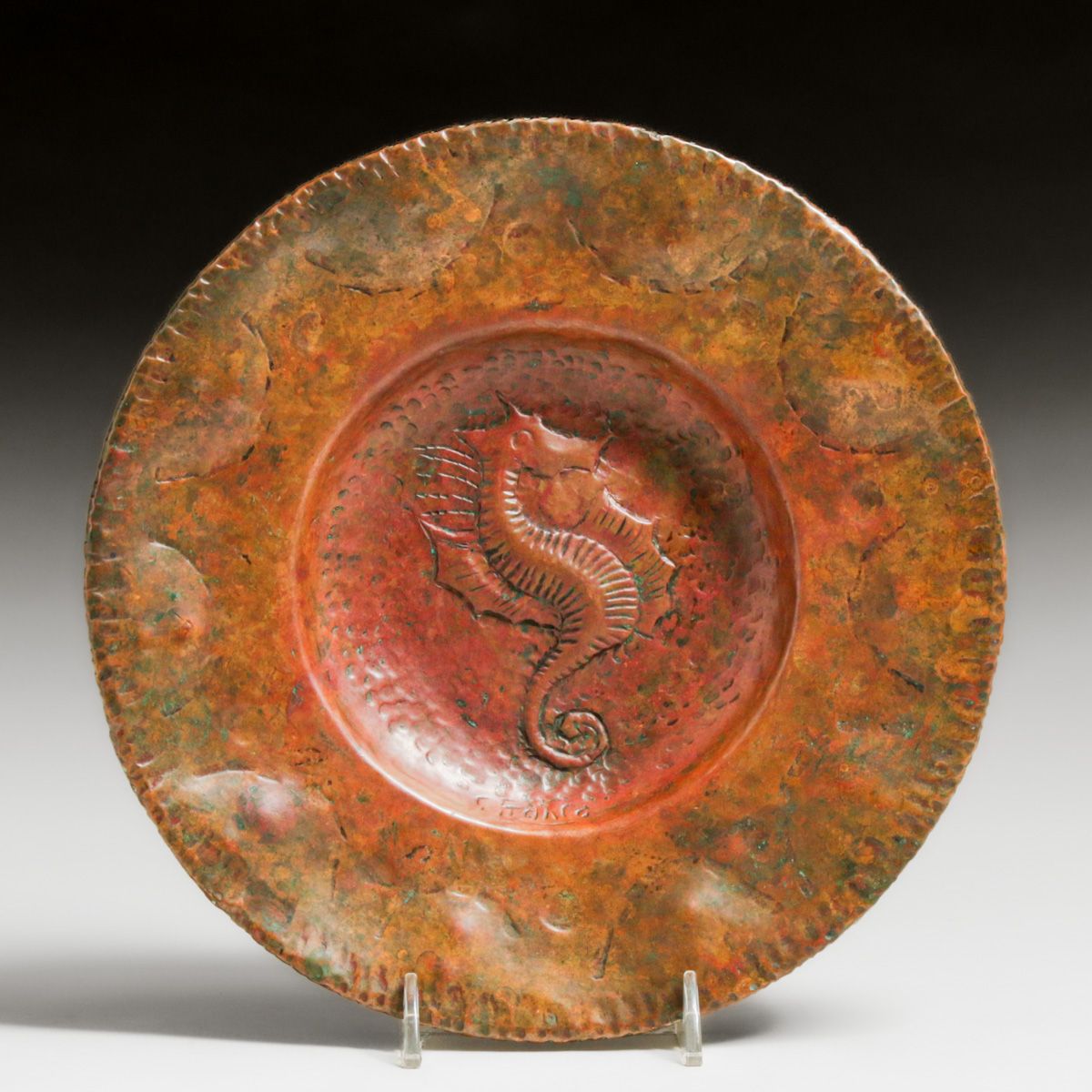 Arts & Crafts Period Repousse Hammered Copper Seahorse Tray c1910