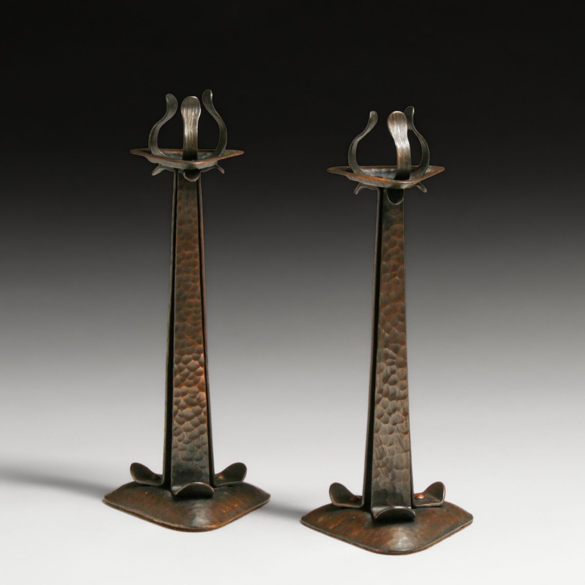 The Kopper Kraft Shop - Buffalo, NY Hammered Copper Strap-Form Candlesticks c1920s