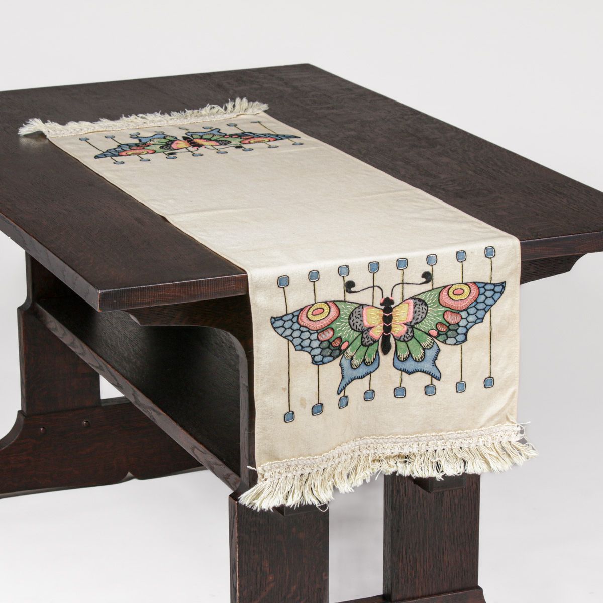 Arts & Crafts Hand-Embroidered Butterfly Table Runner c1910
