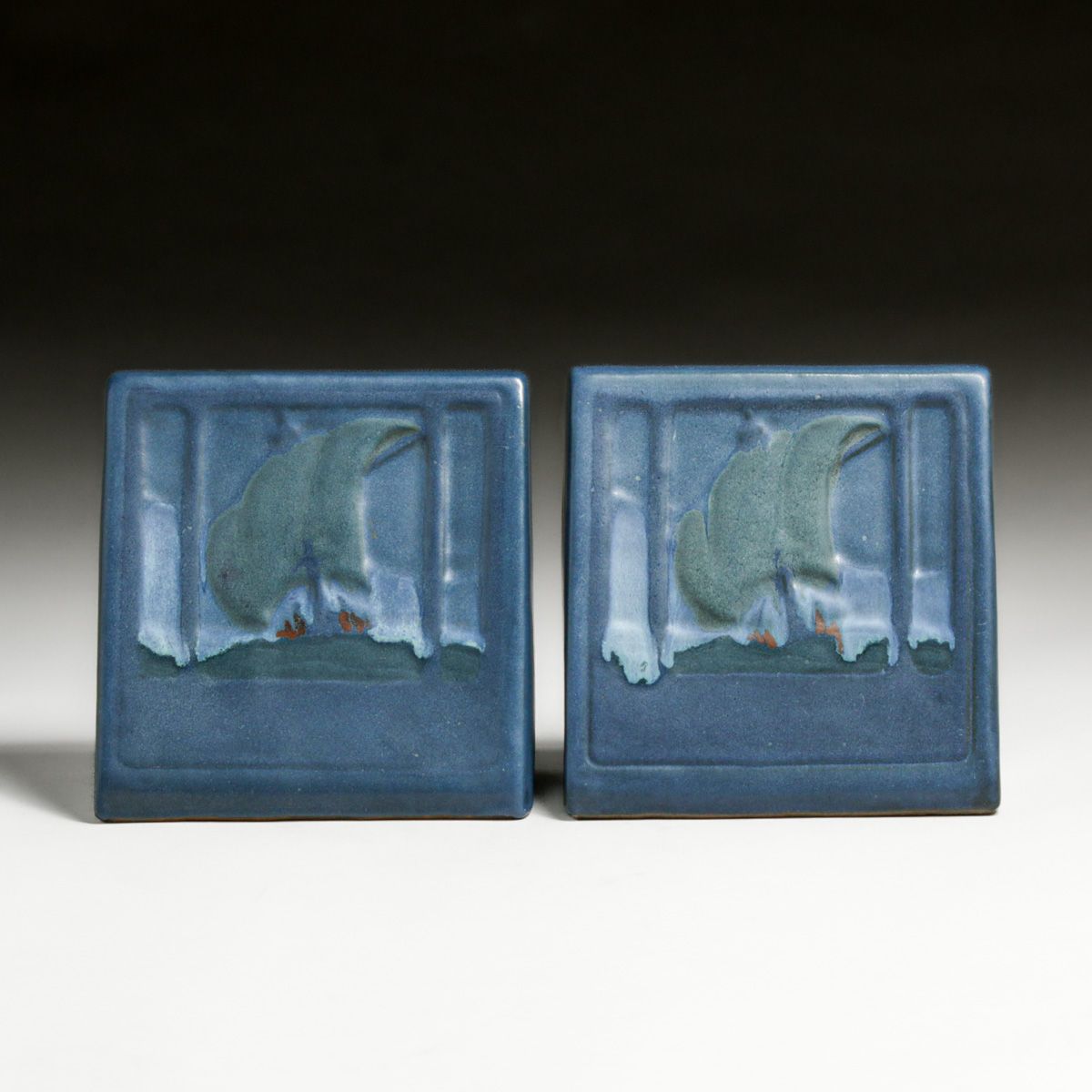 Marblehead Pottery Matte Blue Sailing Ship Bookends c1910