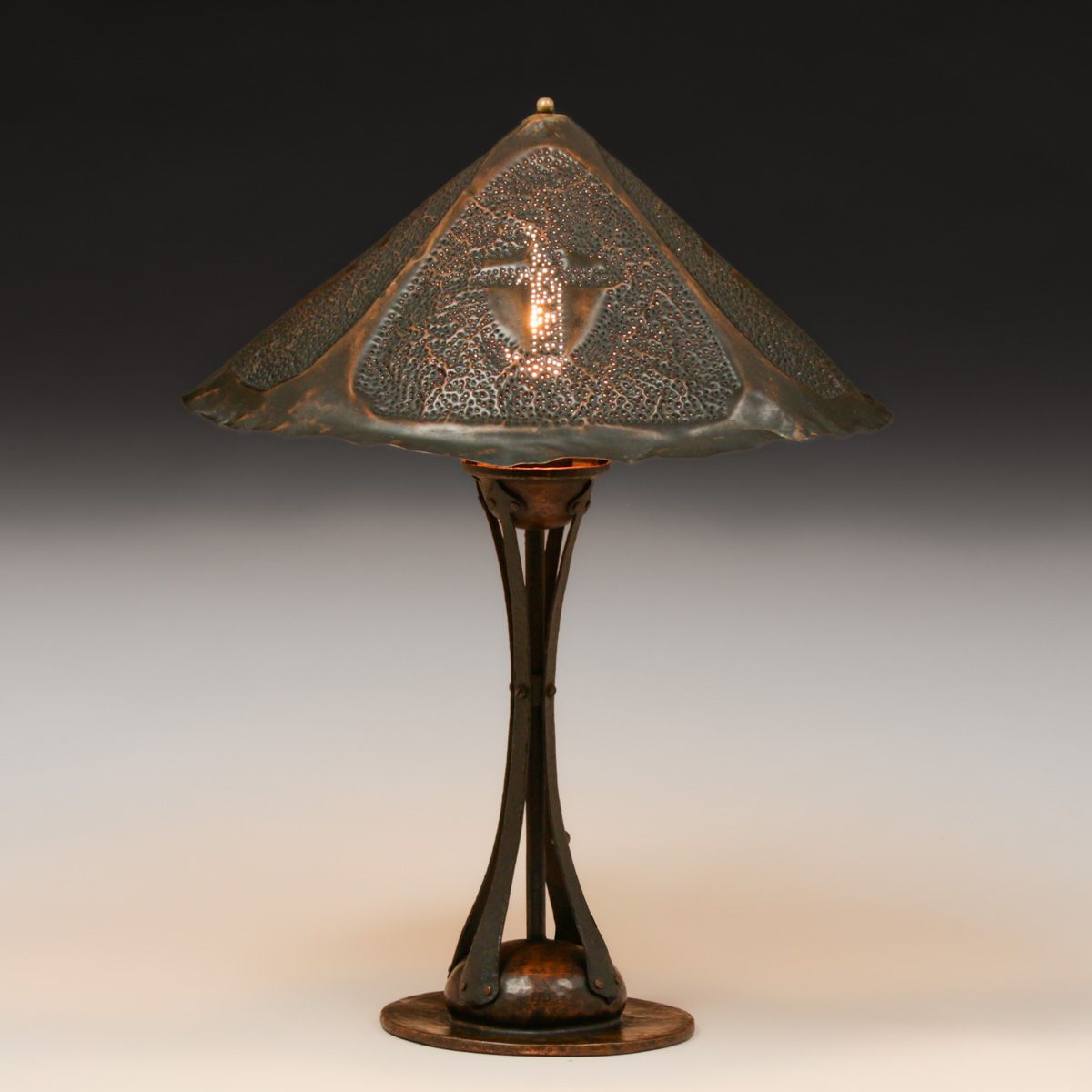 Arts & Crafts Strap-Form Hammered Copper & Brass Pierced Shade Lamp c1900