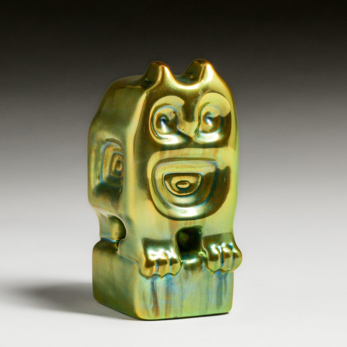 Zsolnay - Hungary Iridescent Green Stylized Owl c1920s