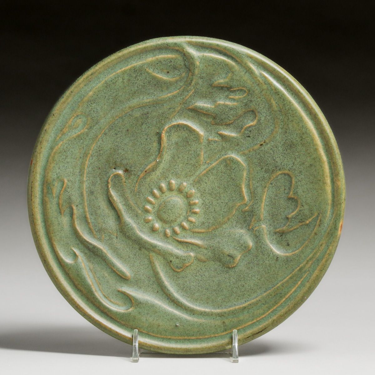 Van Briggle #20 Matte Green Poppies Plate c1908-1911