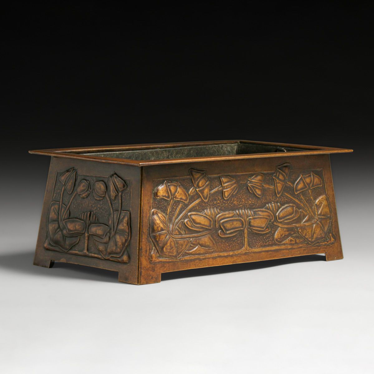 Margaret Gilmour – Glasgow Hammered Copper Repoussé Water Lillies Jardiniere c1900s