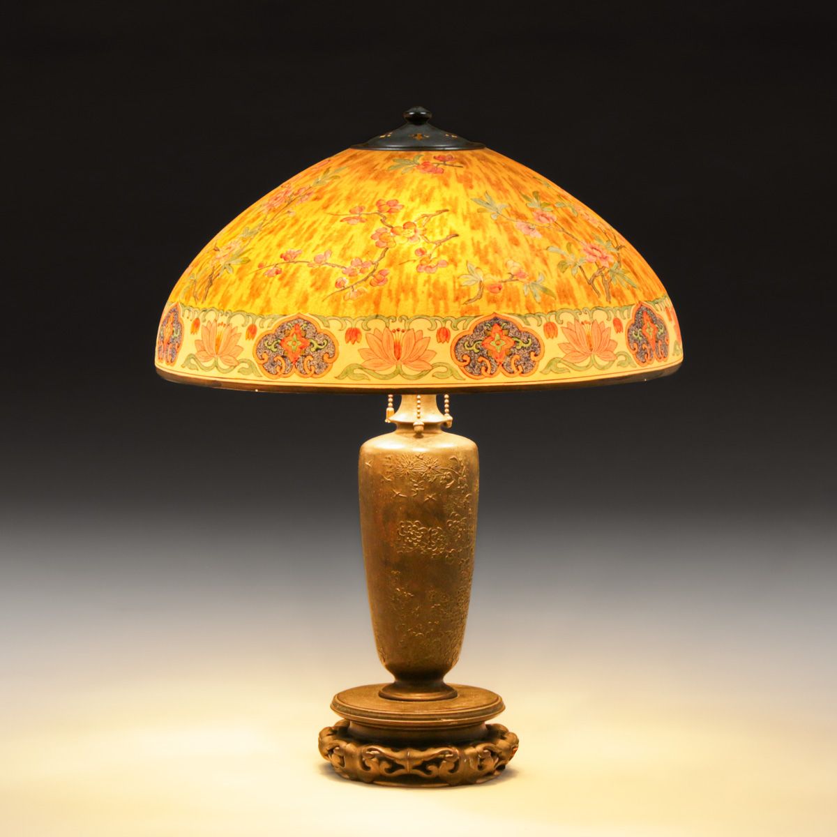 Handel #6631 Cherry Blossom & Lotus Reverse-Painted Lamp c1920s