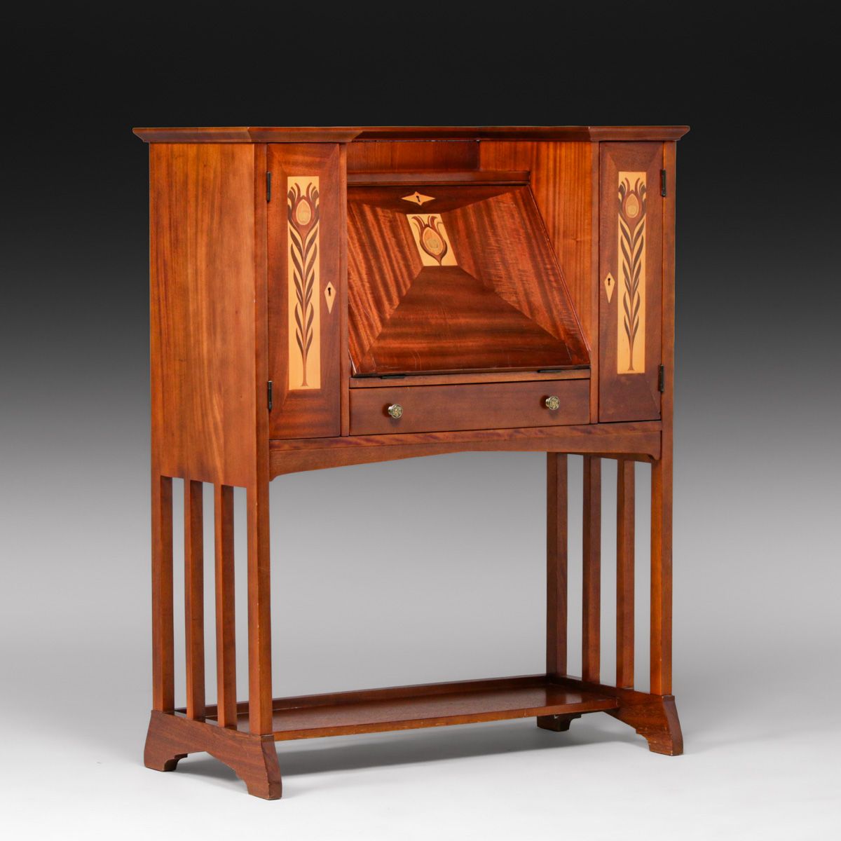 Shop of the Crafters - Cincinnati, OH Peacock Feather Inlaid Mahogany Secessionist Dropfront Desk c1905