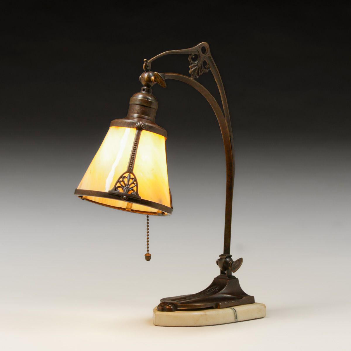 Arts & Crafts Period Bronze, Marble & Curved Glass Desk Lamp c1910