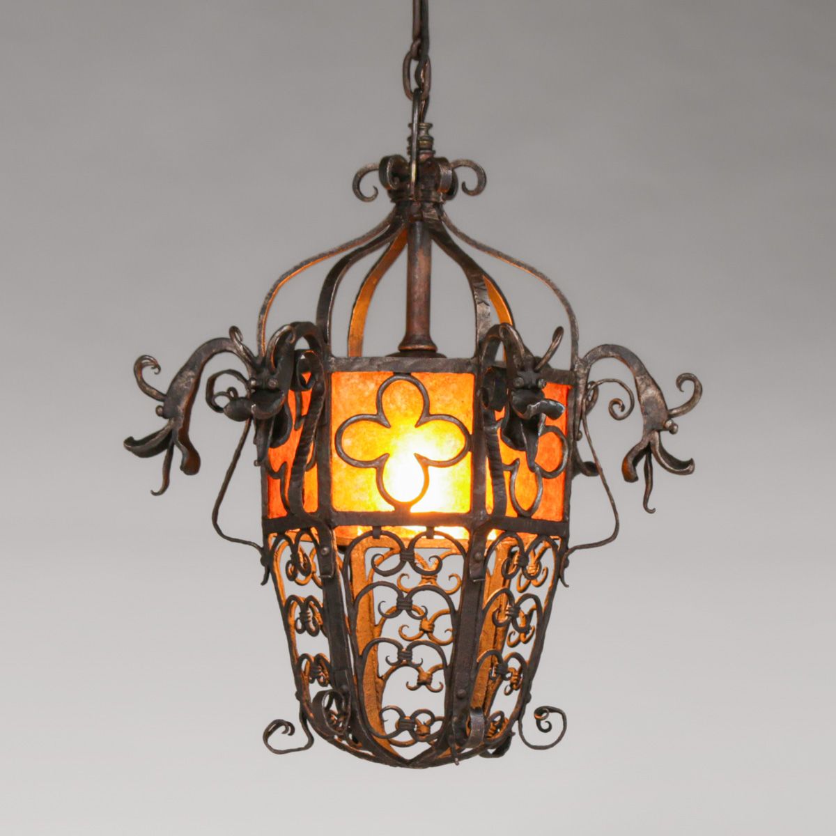 Eric Clausen (Born 1952) Berkeley, CA Hand-Forged Iron & Mica Gothic Dragon Hanging Light c1980s