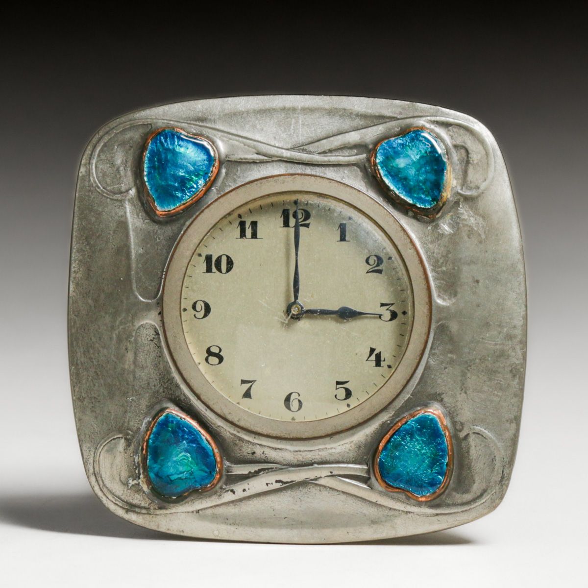 Liberty & Co Archibald Knox Designed Pewter & Enamel Hearts Clock c1900