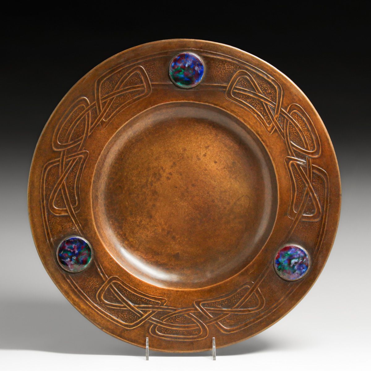 Margaret Gilmour – Glasgow  Repoussé Hammered Copper & Ruskin Enamel Charger c1900s