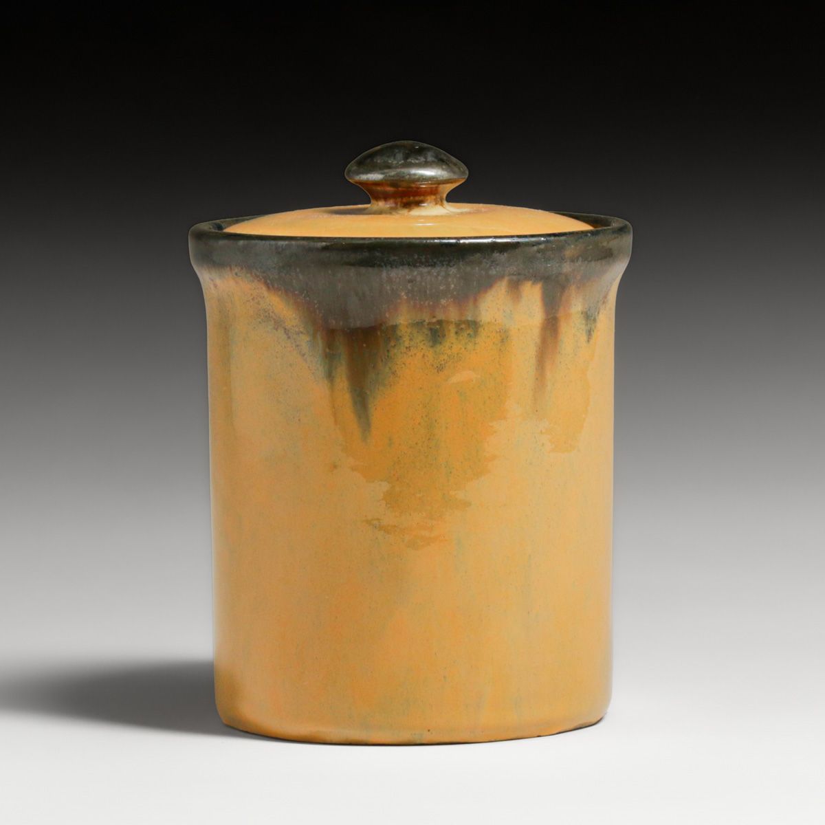 Fulper Pottery Orange & Mirror Black Flambe Humidor c1917-1920