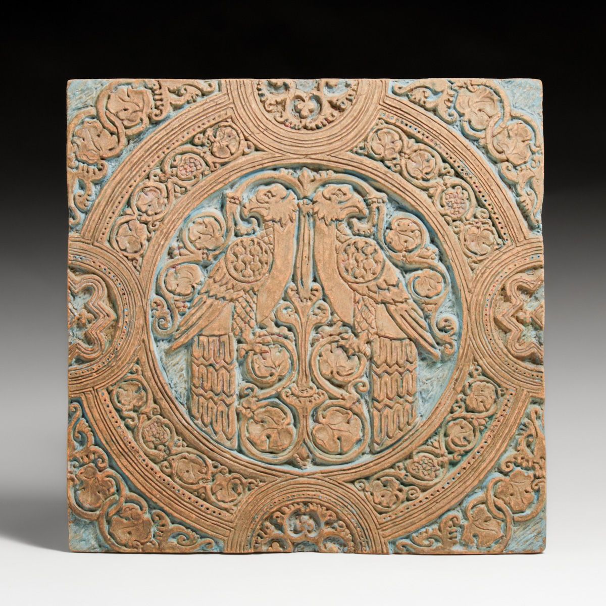 Large & Early  Batchelder - Pasadena Double Peacock Tile c1910s