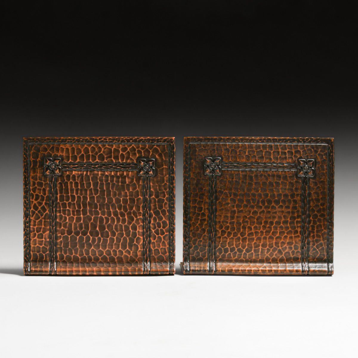 Roycroft Hammered Copper Square Flower Bookends c1920s