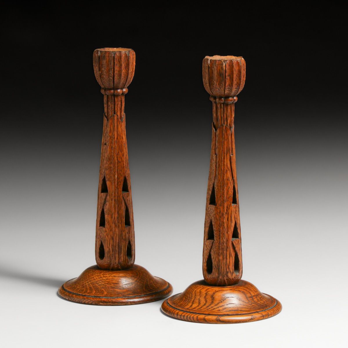 Arts & Crafts Period Hand-Carved Oak Candlesticks c1910s