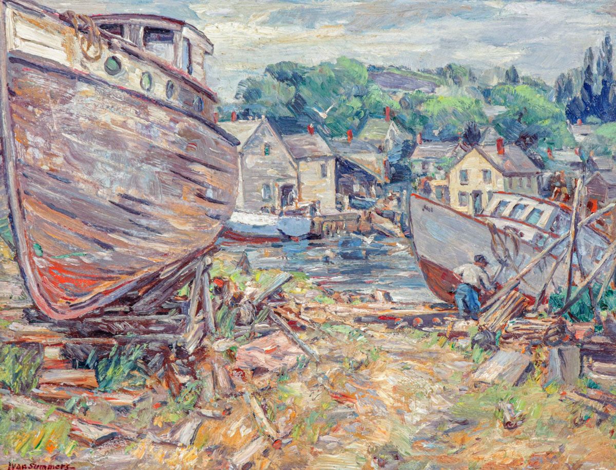 Ivan F. Summers (1889-1964) WPA era Painting Gloucester Harbor c1930s