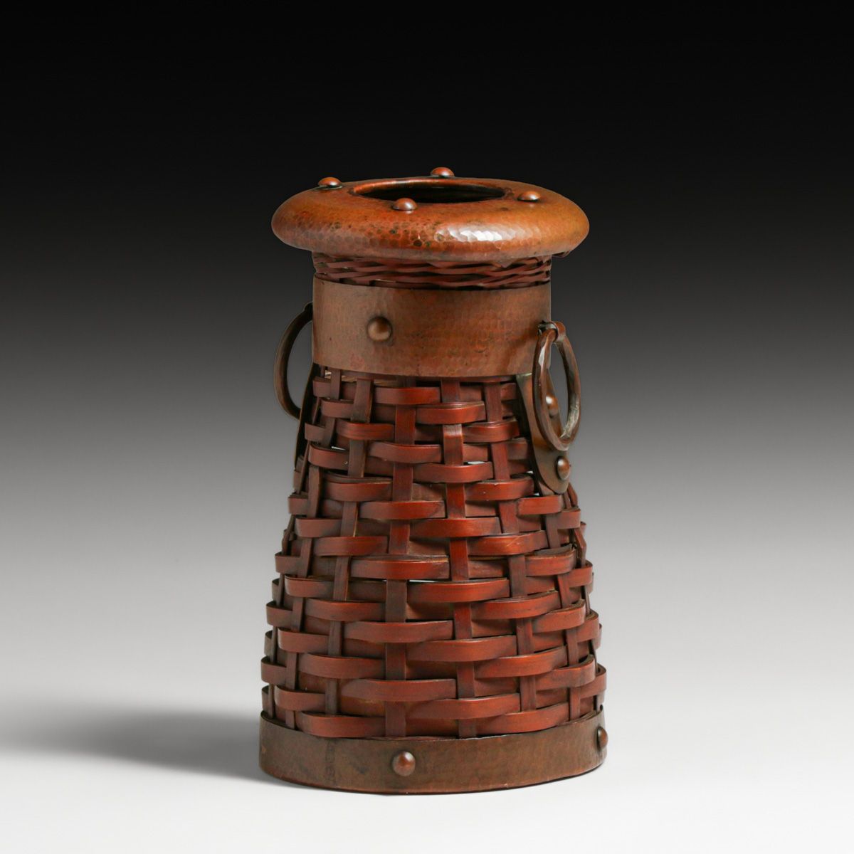Dirk van Erp Hammered Copper & Japanese Hand-Woven Bamboo Basket Vase c1917-1920
