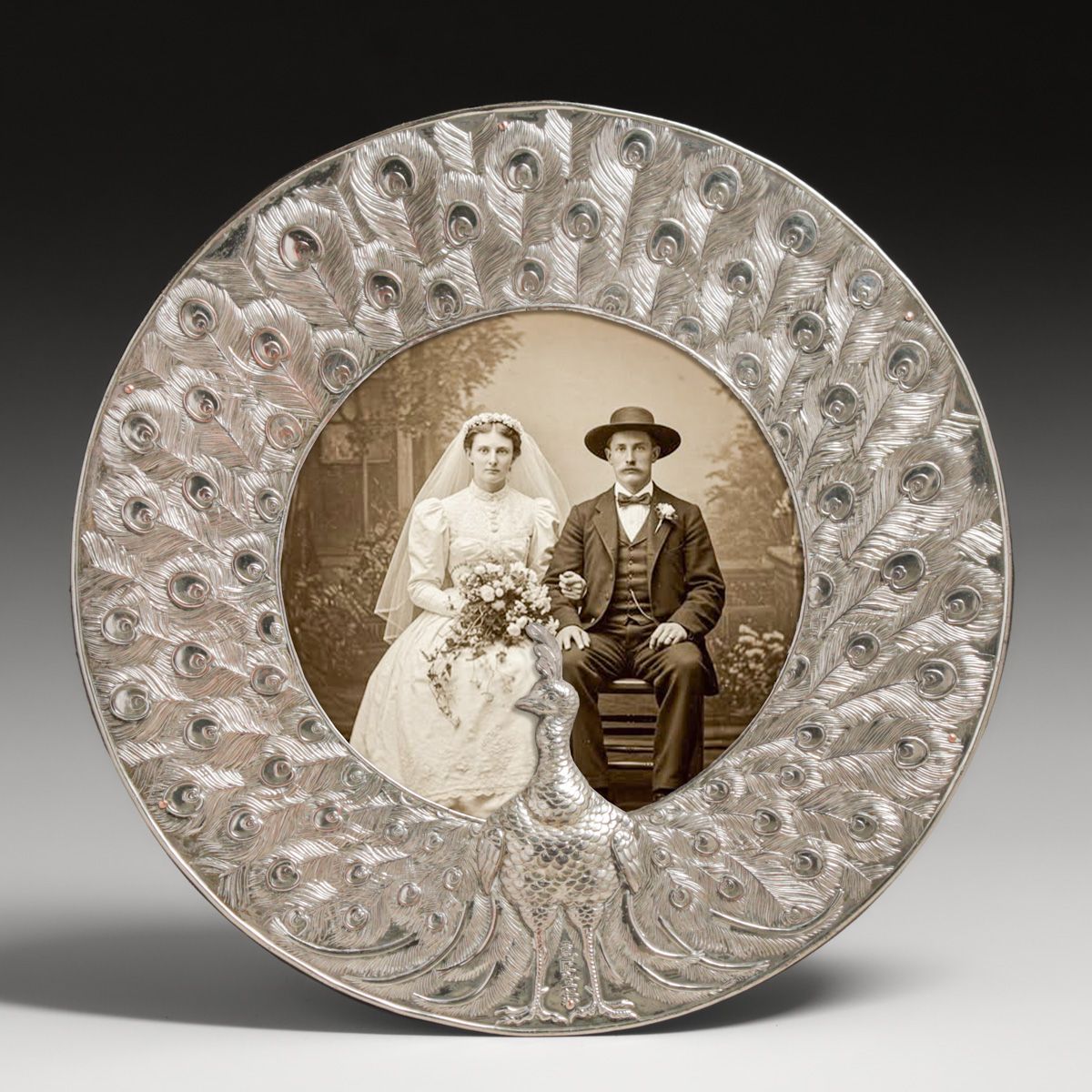 Japanese Arts & Crafts Period Silver-Plated Peacock Feather Picture Frame c1910s