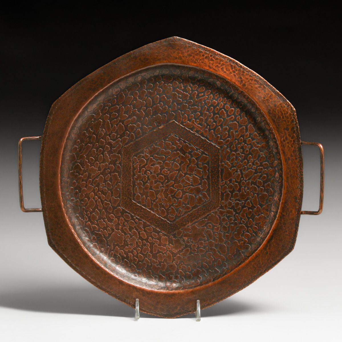 Arts & Crafts Period Hammered Copper Acid-Etched Two-Handled Tray c1920s