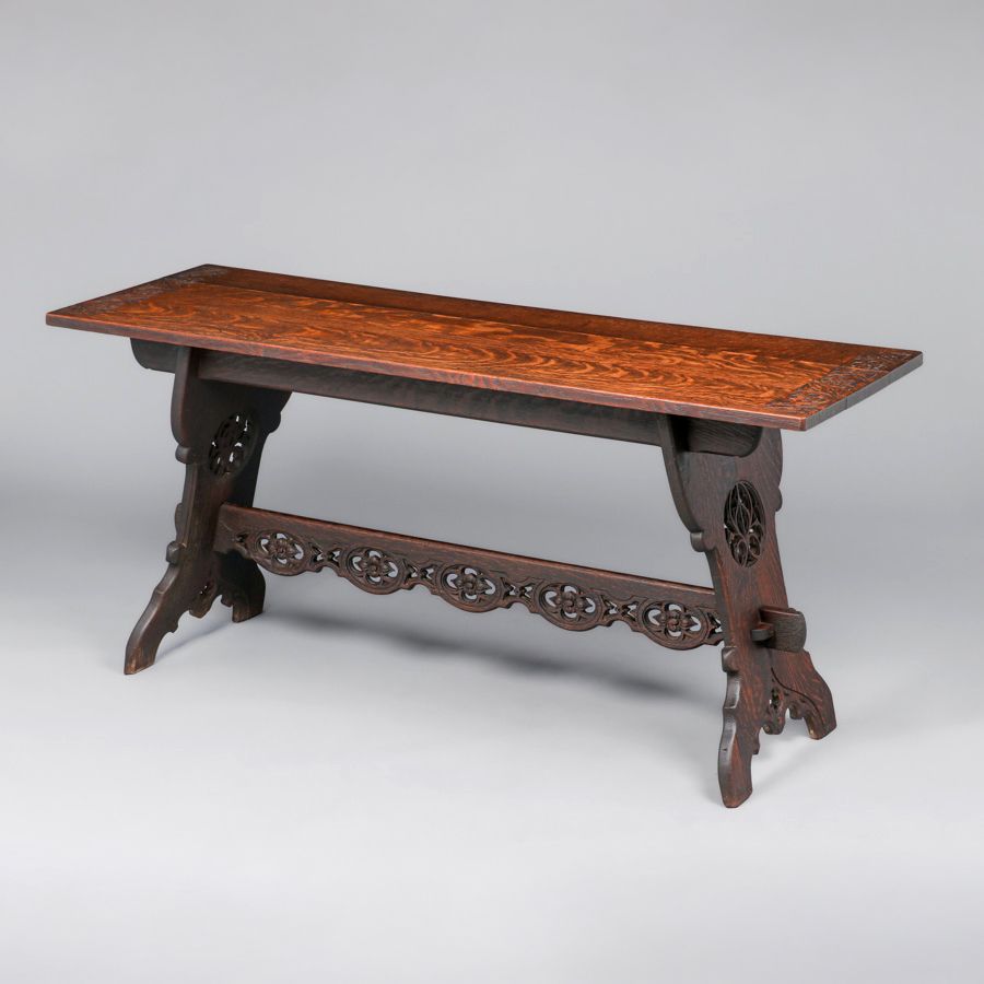 Rose Valley  (attributed) Hand-Carved Gothic Oak Trestle Table c1905