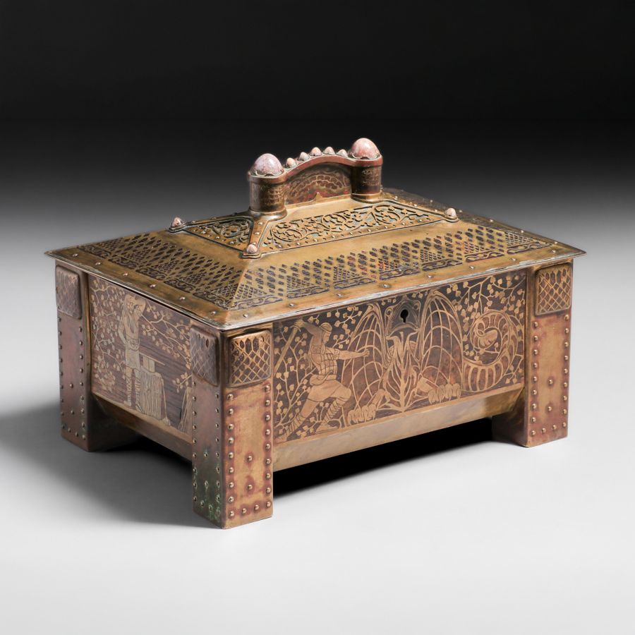 Important  Erhard & Sohne  – German Arts & Crafts Mahogany & Brass Jewelry Casket c1905