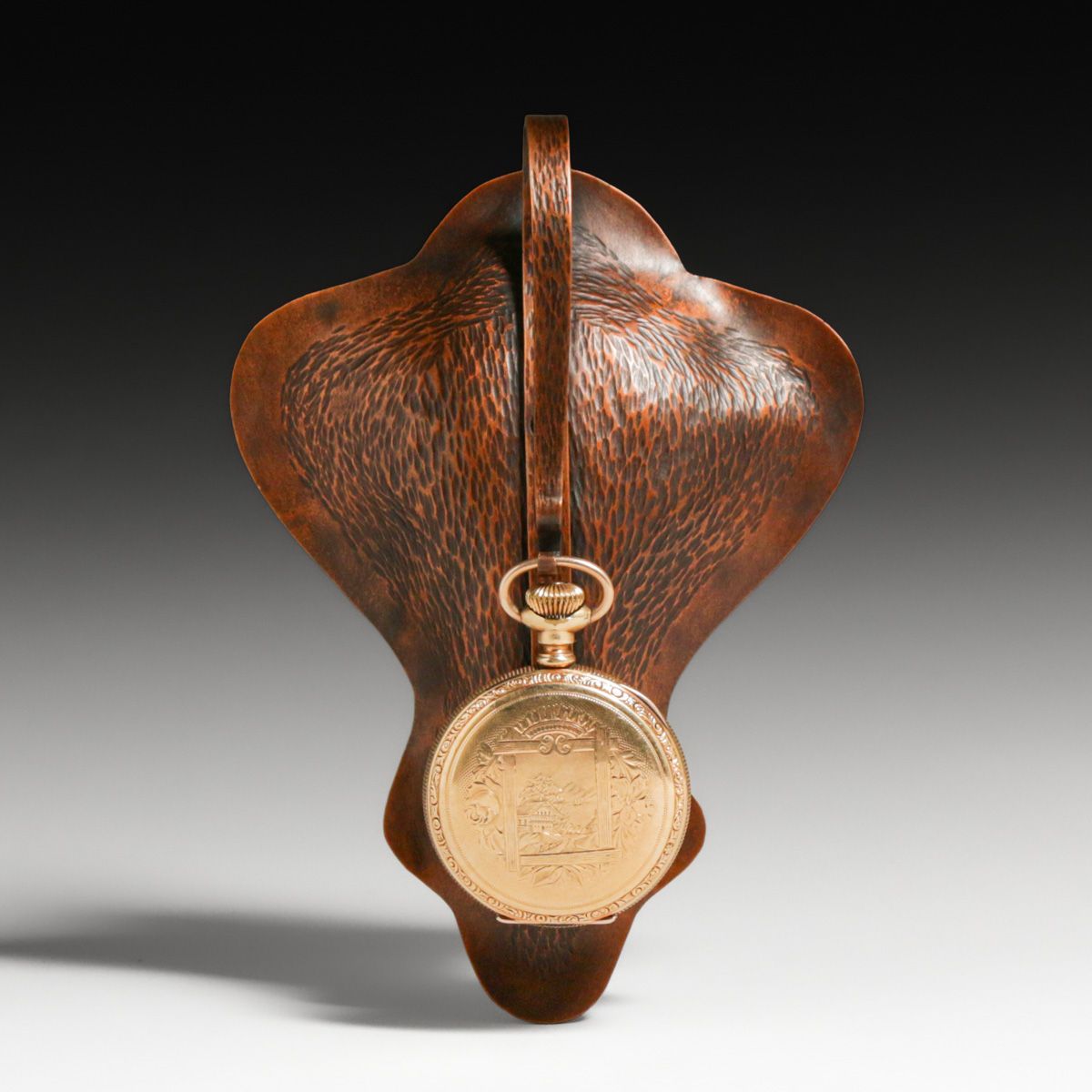 Arts & Crafts Period Hammered Copper Hanging Pocket Watch Holder c1910s