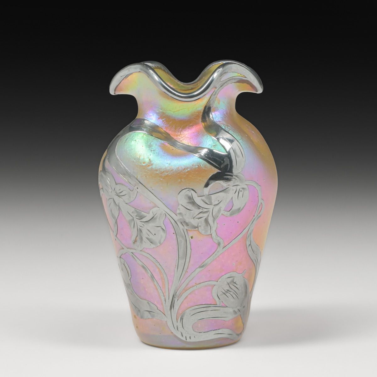 Loetz Bohemian Art Glass Sterling Silver Overlay Vase c1900s