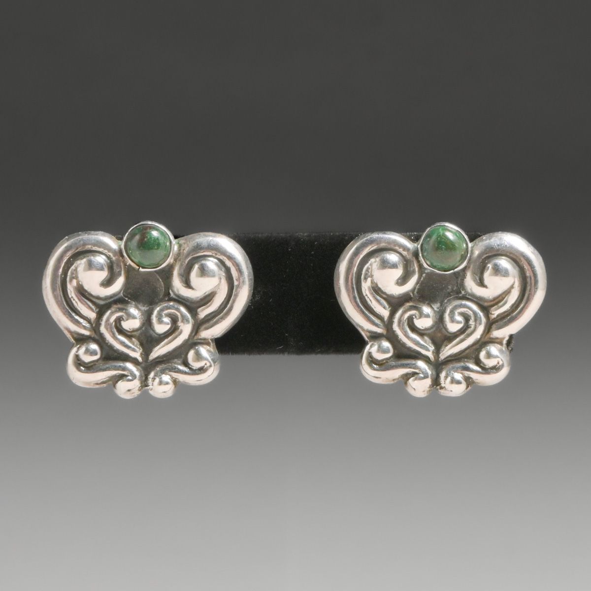 Vintage Mexican Sterling Silver & Green Onyx Earrings c1940s