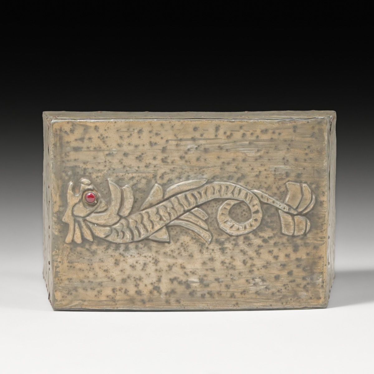 English Arts & Crafts Hand Hammered Pewter Sea Serpent Box c1900s