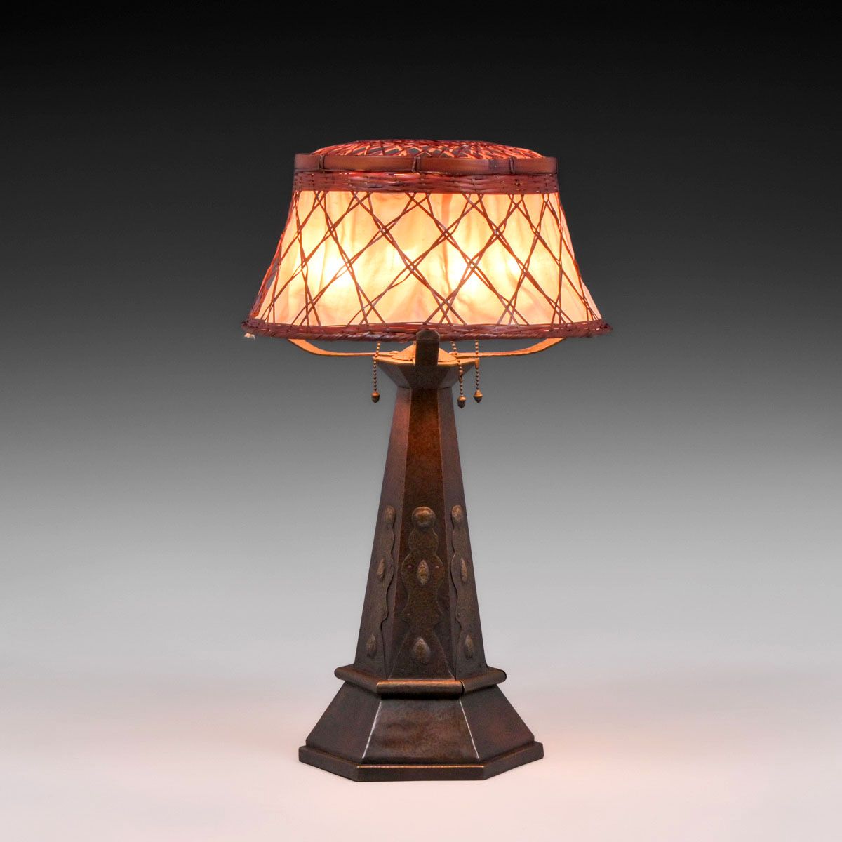 Benedict Studios Hammered Copper, Brass & Japanese Wicker Lamp c1910