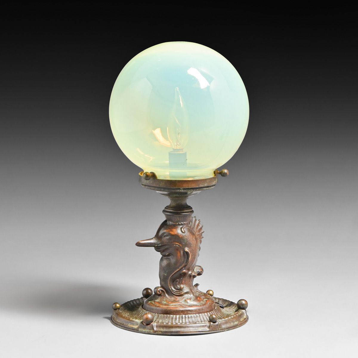 Arts & Crafts Bronze Swordfish & Opaline Glass Globe Lamp c1920s