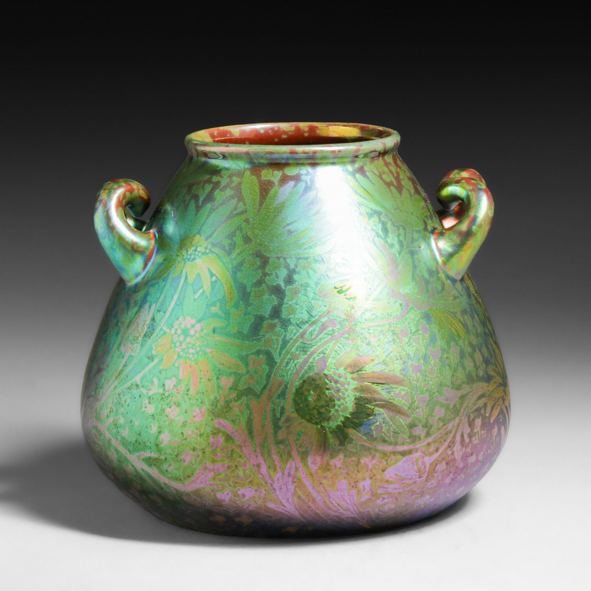 Large Weller Sicard Iridescent Bulbous Two-Handled Vase c1905