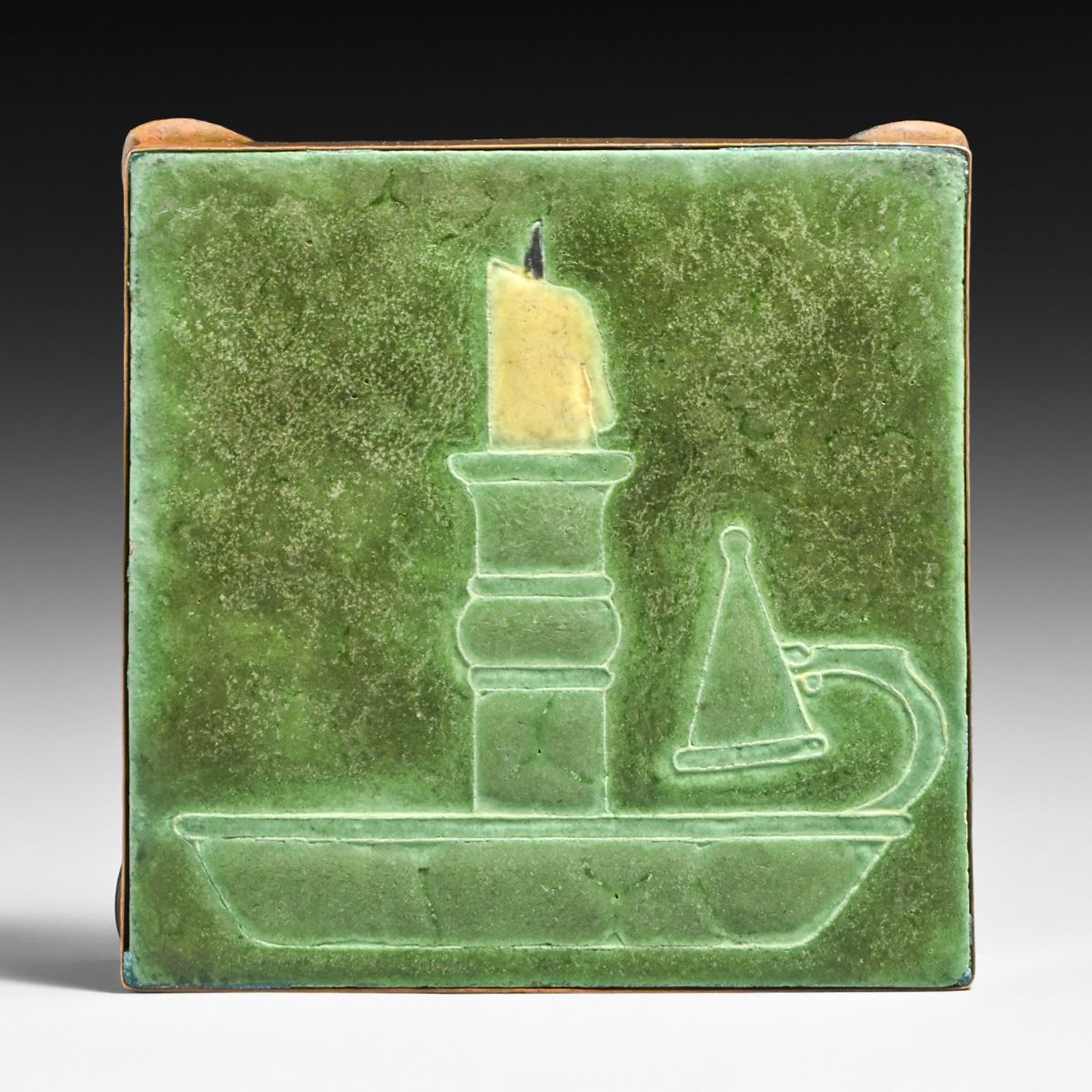 Grueby Faience Candlestick Tile Hammered Copper Trivet Frame c1905