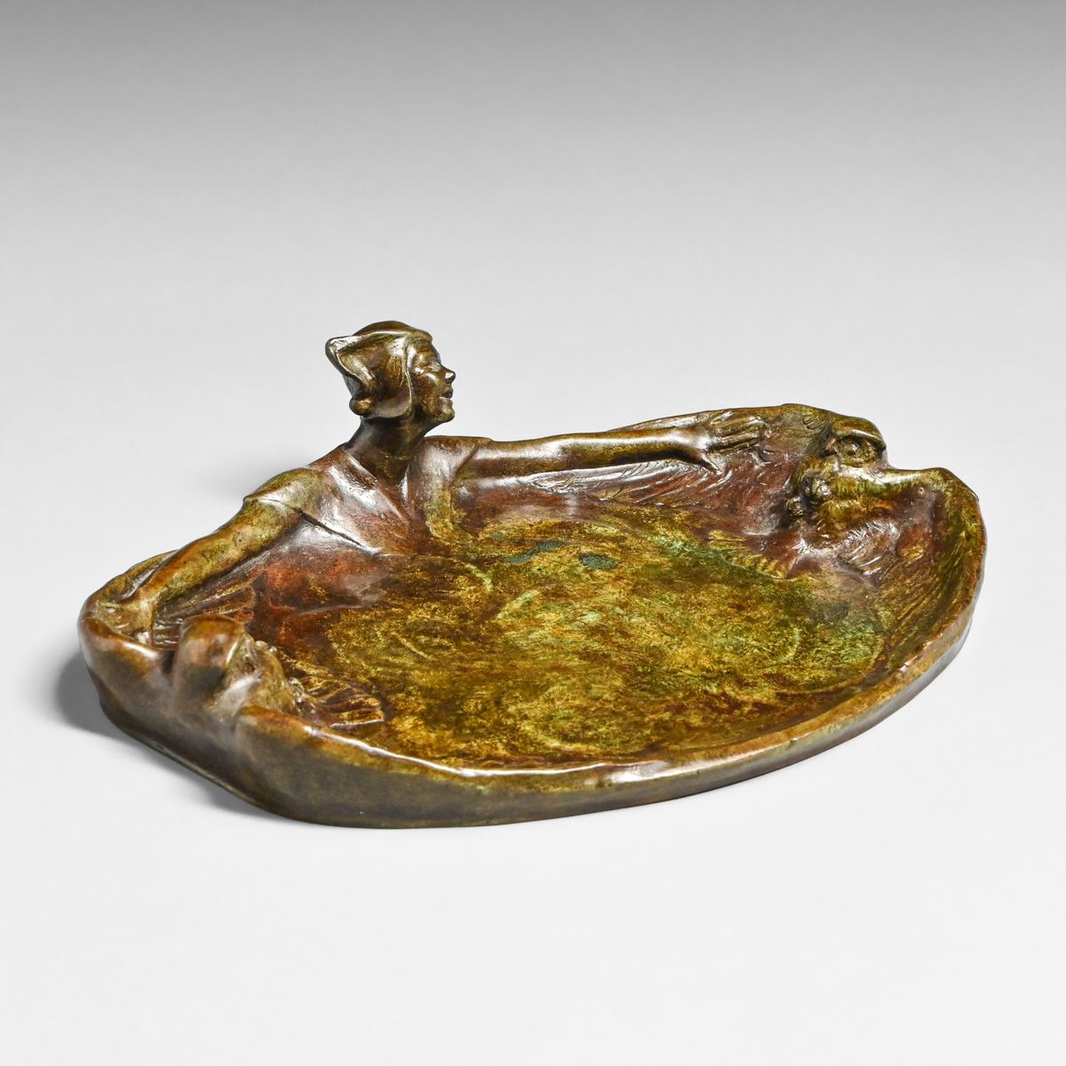 Harriet Whitney Frishmuth Bronze Tray "A Jester and Two Owls: A Vide-Poche" Gorham 1911