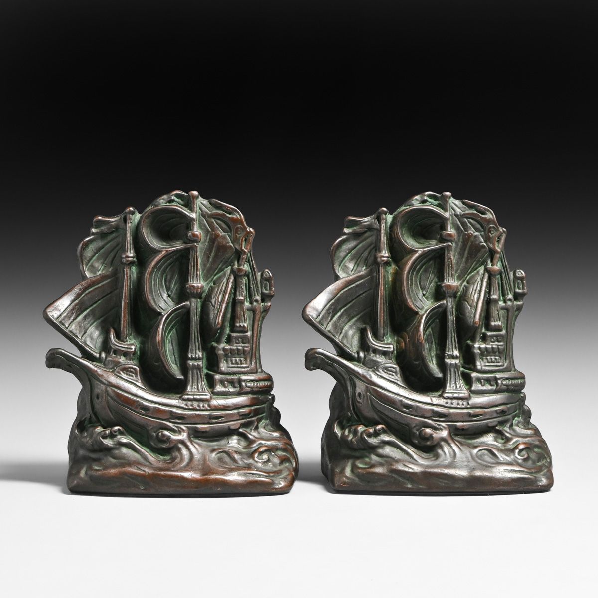 Armor Bronze Co Invincible Armada Copper-Clad Galleon Ship Bookends c1910