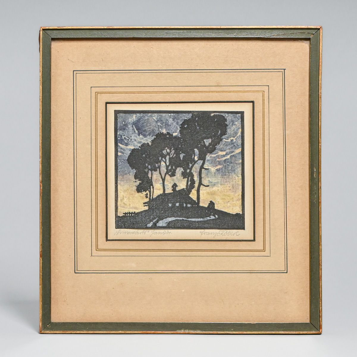 Franz Koberl (Austria 1889-1967) Color Woodcut "House and Trees, Dusk,” c1920