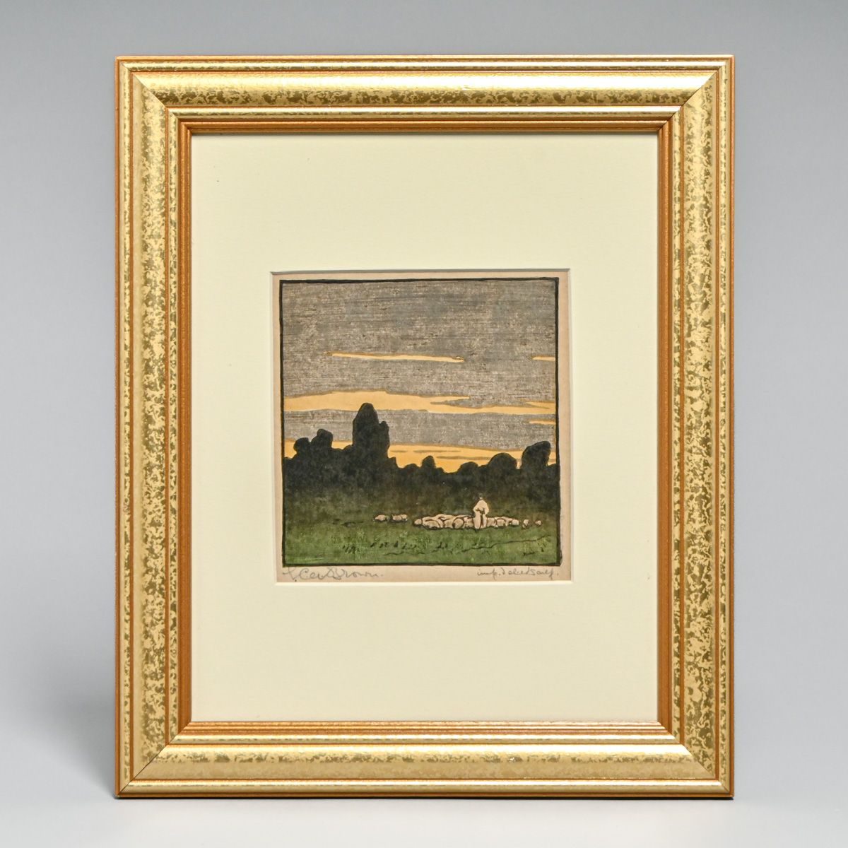 Elizabeth Christie Austen-Brown (British 1869-1942) Color Woodcut "Shepherd and Sheep at Dusk" c1920