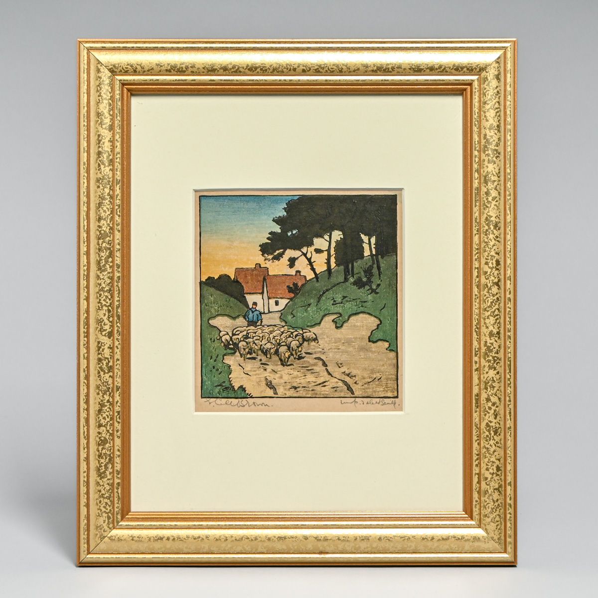 Elizabeth Christie Austen-Brown (British 1869-1942) Color Woodcut "Shepherd and Sheep" c1920