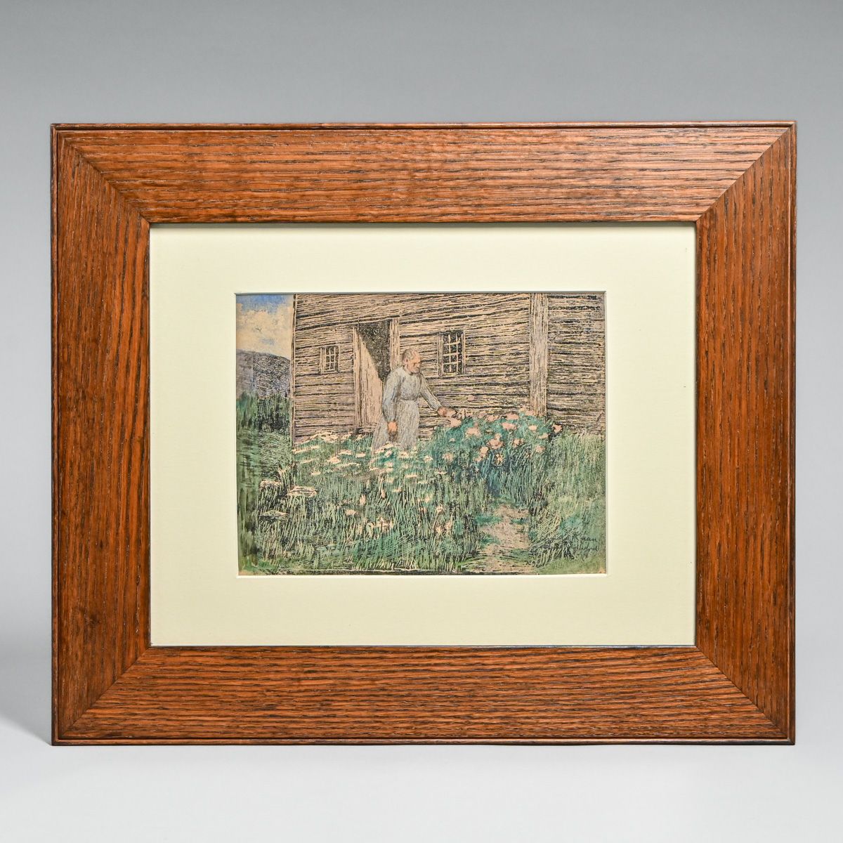 Annie Crawford (1856-1942) & Emma Kaan (1860-1949) Color Woodcut: Woman By Cabin c1900